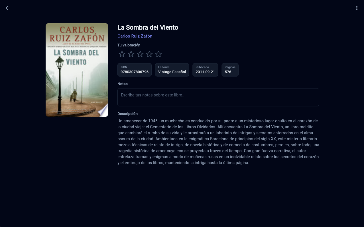 Detalle de un libro con descripción, idioma y páginas en Versora web