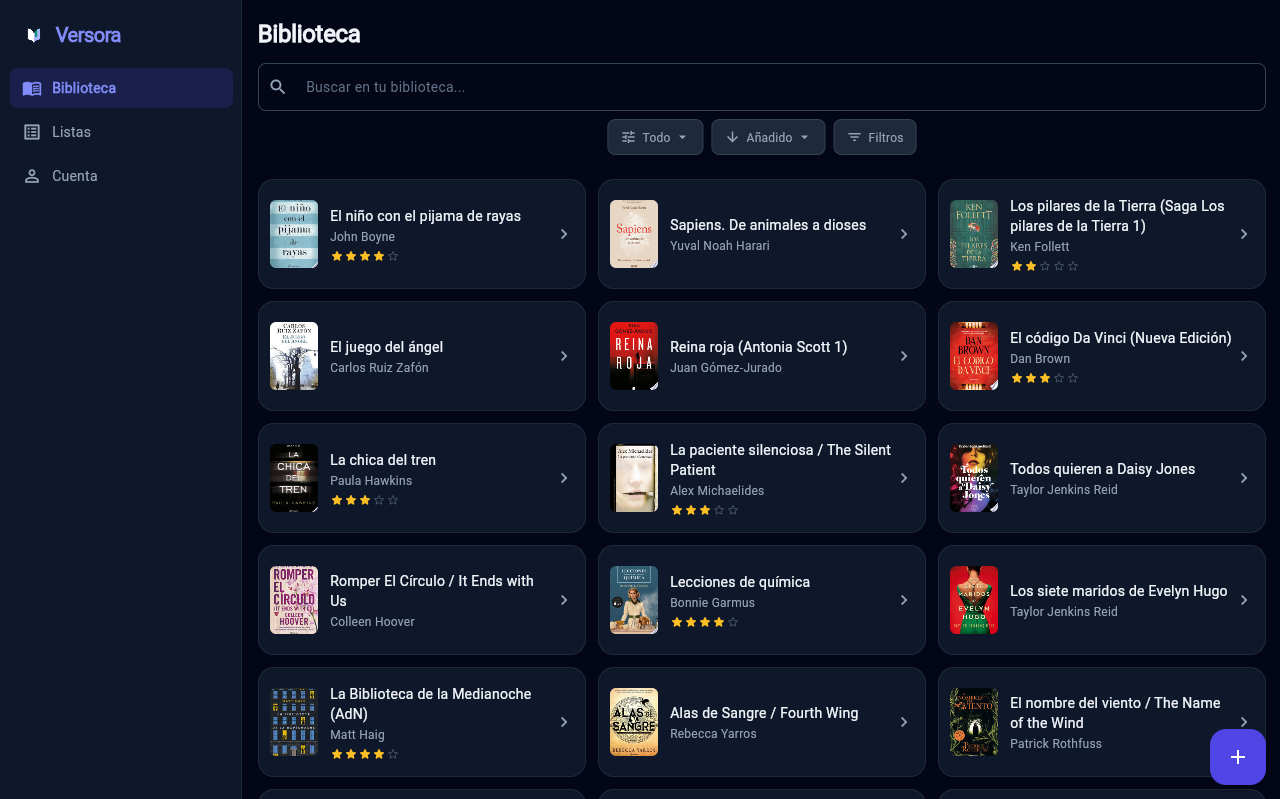 Biblioteca personal con todos los libros en Versora web