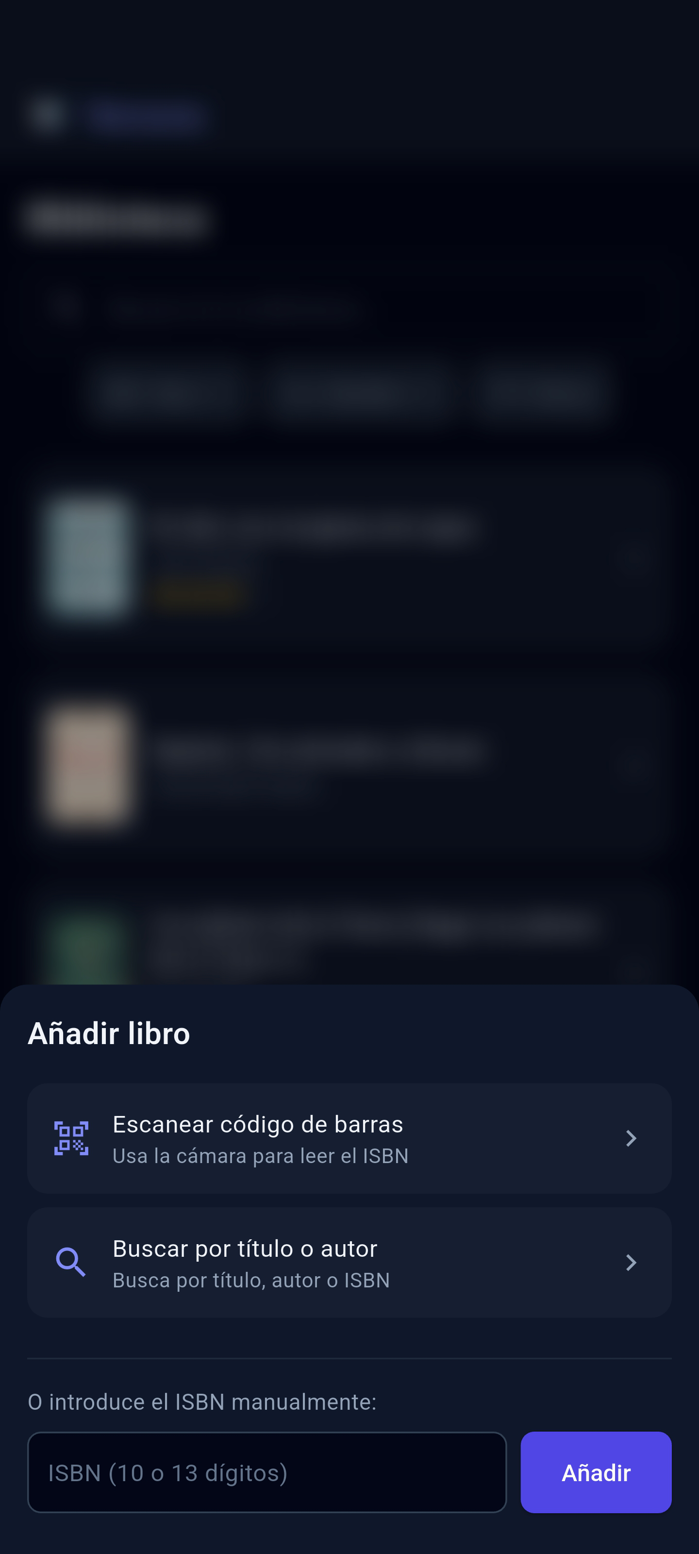 Pantalla de añadir libro y escanear ISBN en Versora